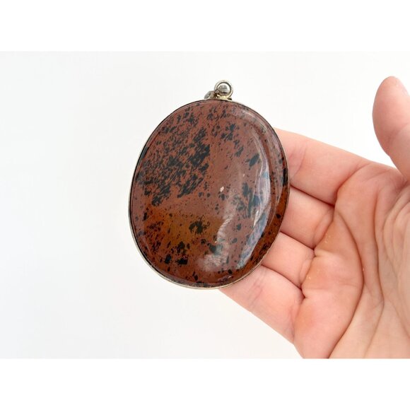 Mahogany Obsidian Oval Crystal Shaped Large Silver Toned Vintage Pendant - Picture 10 of 12